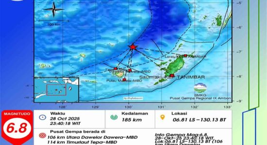 Gempa M6,8 di Laut Banda, Terasa di Tanimbar Hingga Papua